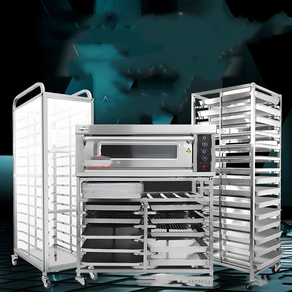 Stainless steel six-layer baking tray rack with lock feature for 40x60cm commercial trays