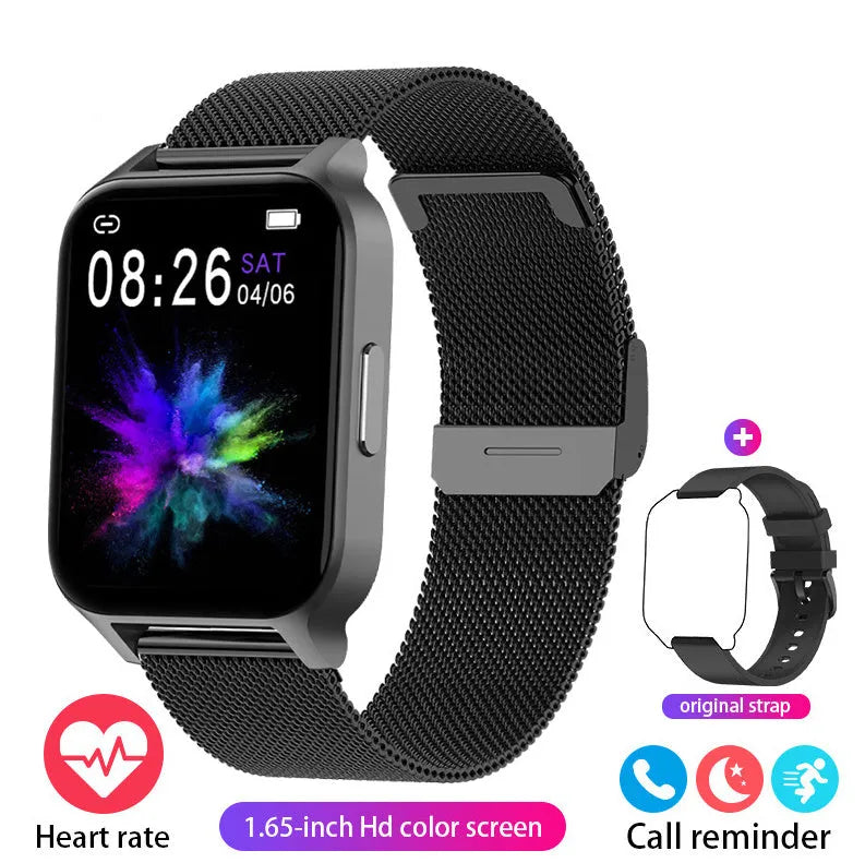 Smart colour screen health watch with mesh belt in black or rose gold showing heart rate monitor
