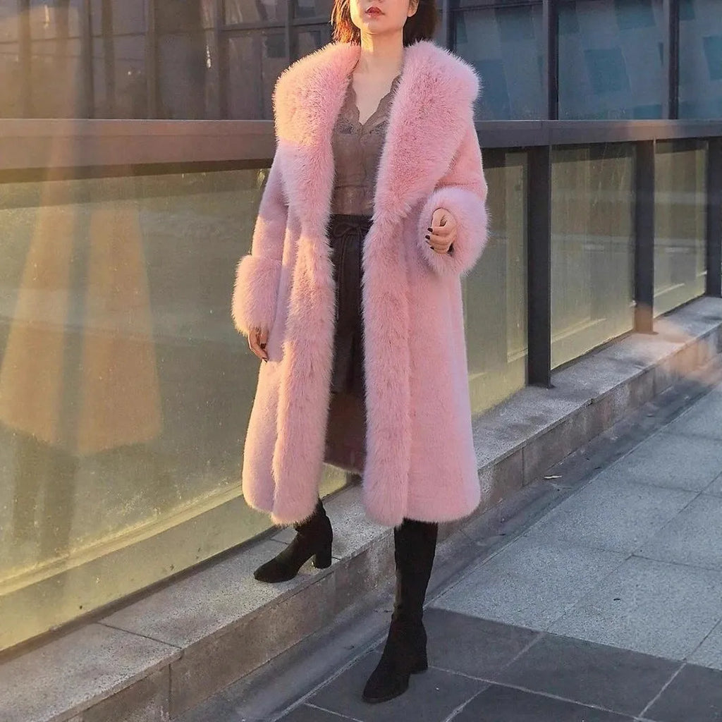 Women's thick grey faux rabbit fur mid-length coat with leather accents and a fur collar.
