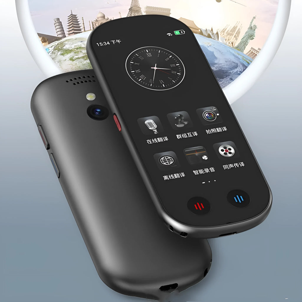 Black two-way simultaneous interpretation translator for business with lanyard and charging cable.