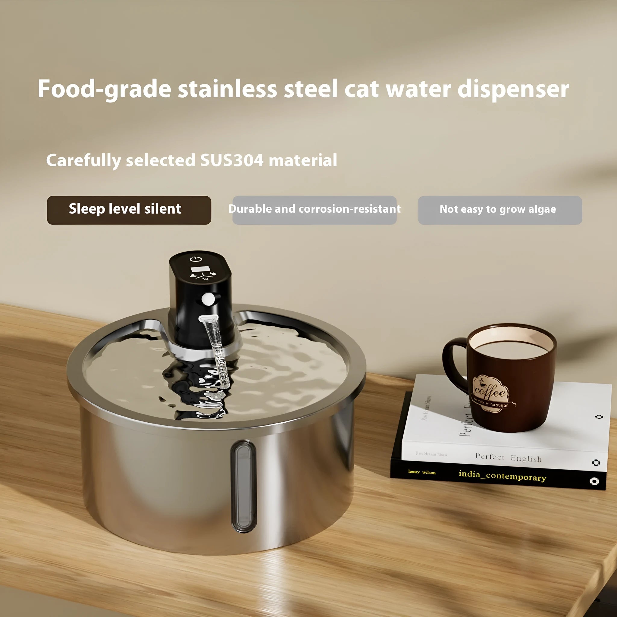 Stainless steel pet water fountain with heating base, in black or white.