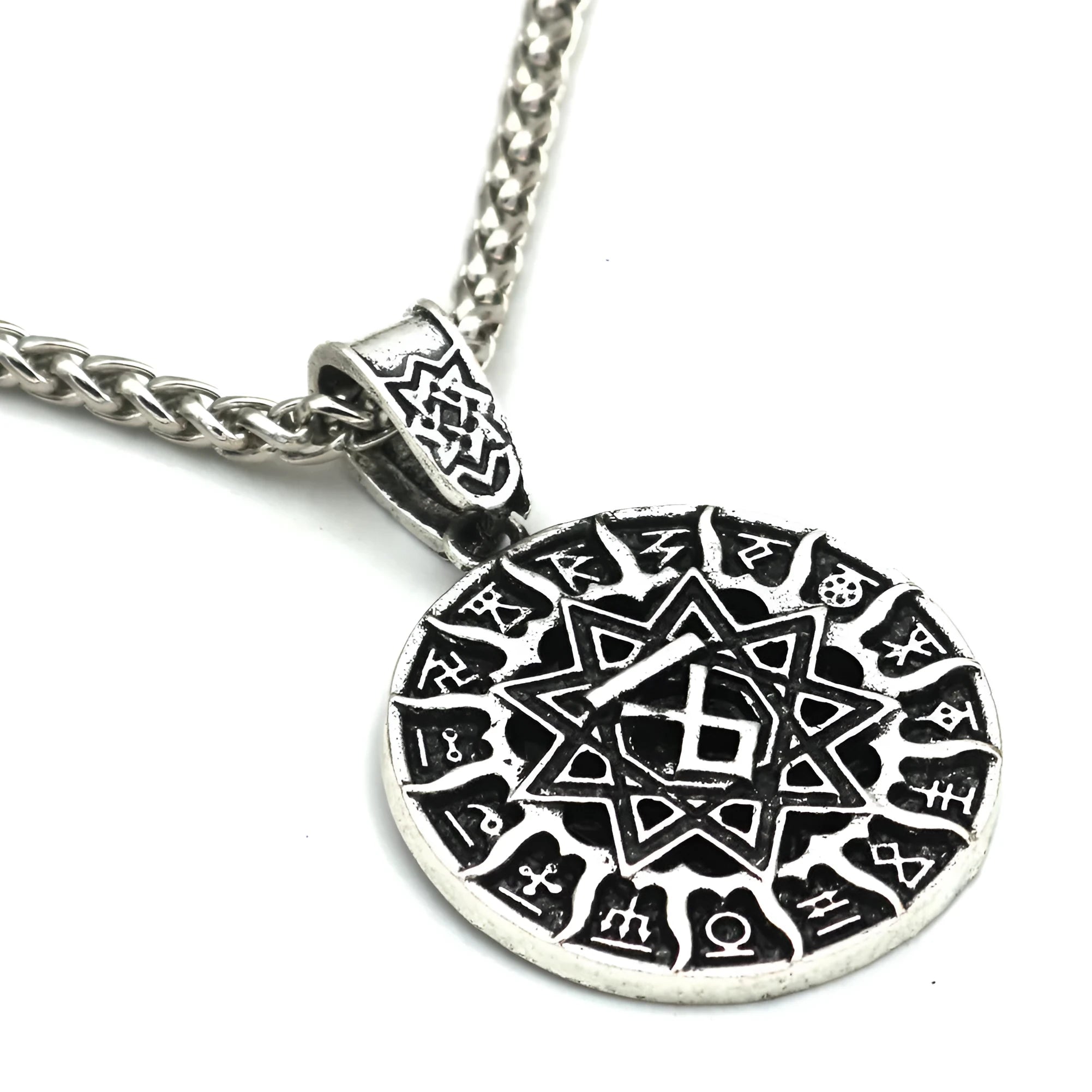 Lunavin ODing logo pendant necklace with snake bones chain and leather rope options in antique silver finish