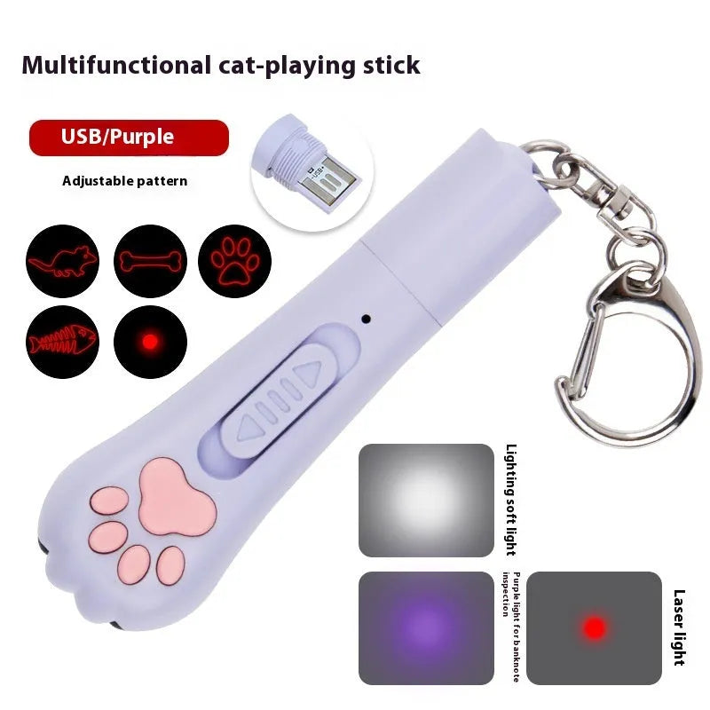 Infrared cat laser toy in blue plastic with five pattern projection functions and included cat teasing stick