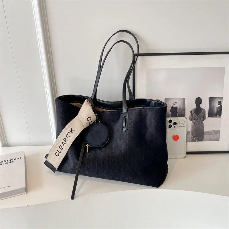 Women's large polyester shoulder tote bag with sandwich pocket in horizontal square shape