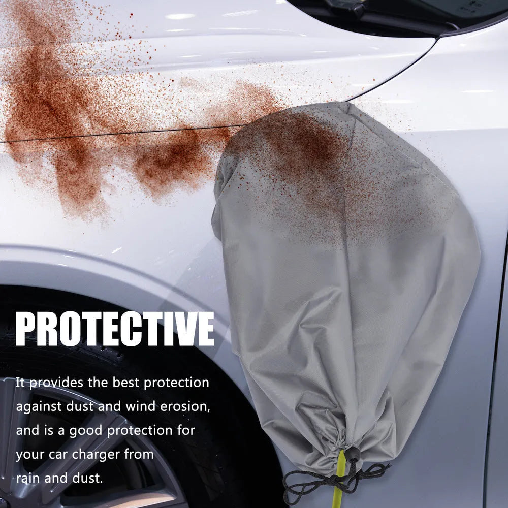 Waterproof cover for new energy vehicle charging port in grey colour showing drawstring closure