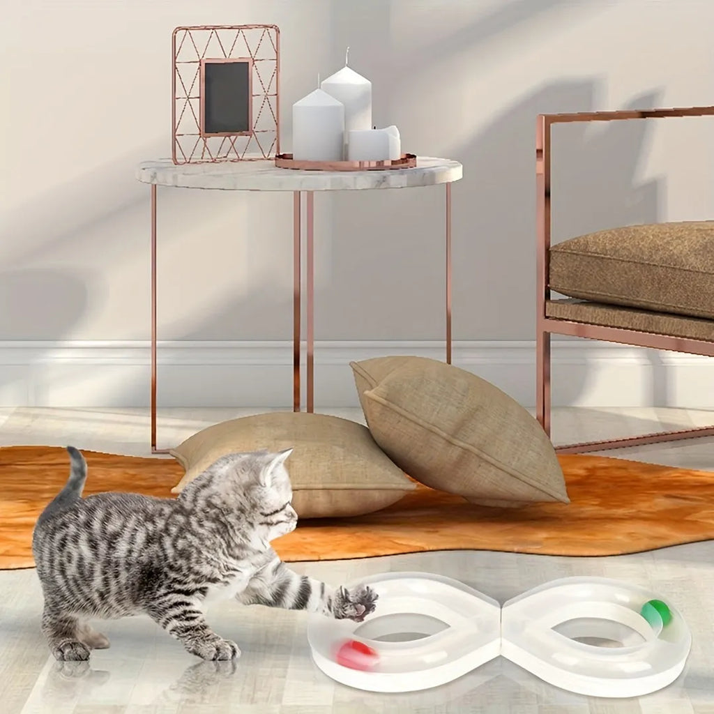 Blue and white cat toy with turntable track ball and teasing stick for interactive feline play