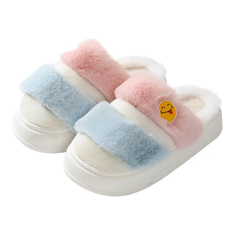 Cartoon-style pink and green thermal plush slippers with cashmere lining.