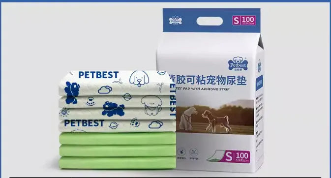 Pack of dog urine pads showing adhesive backing, bamboo charcoal variant, and size comparison