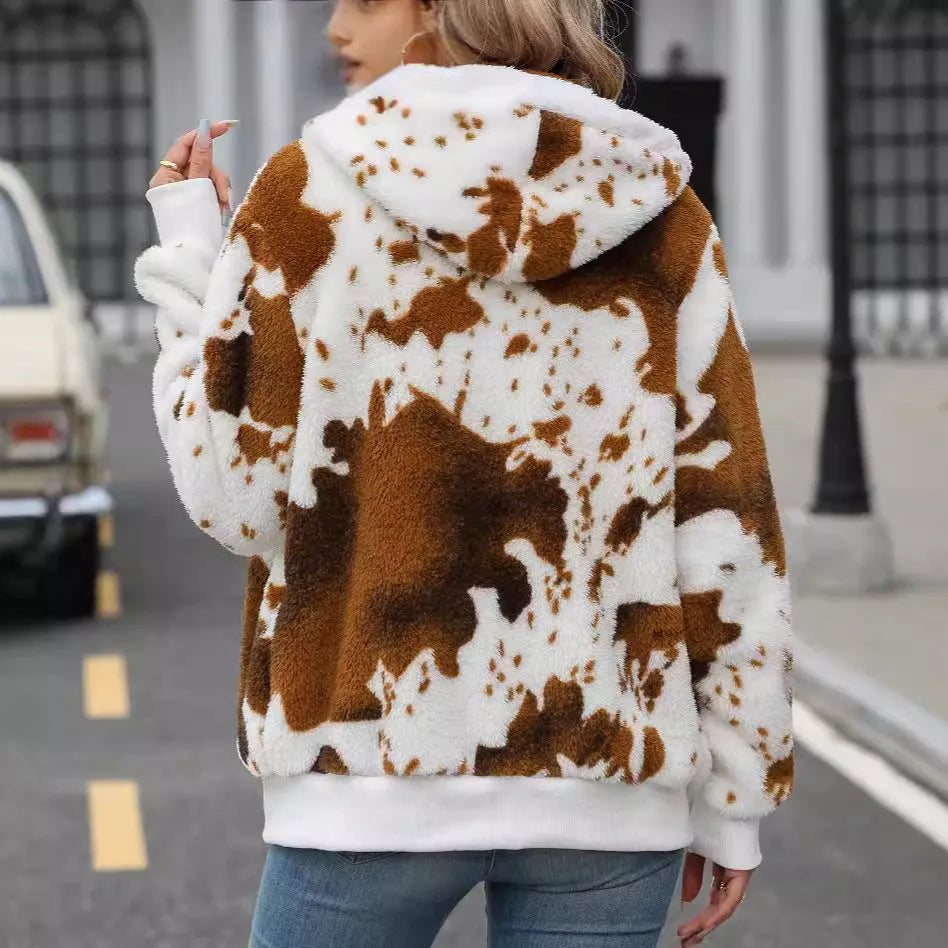 Yellow-brown hooded cardigan jacket with animal cow print pattern and zip-front closure