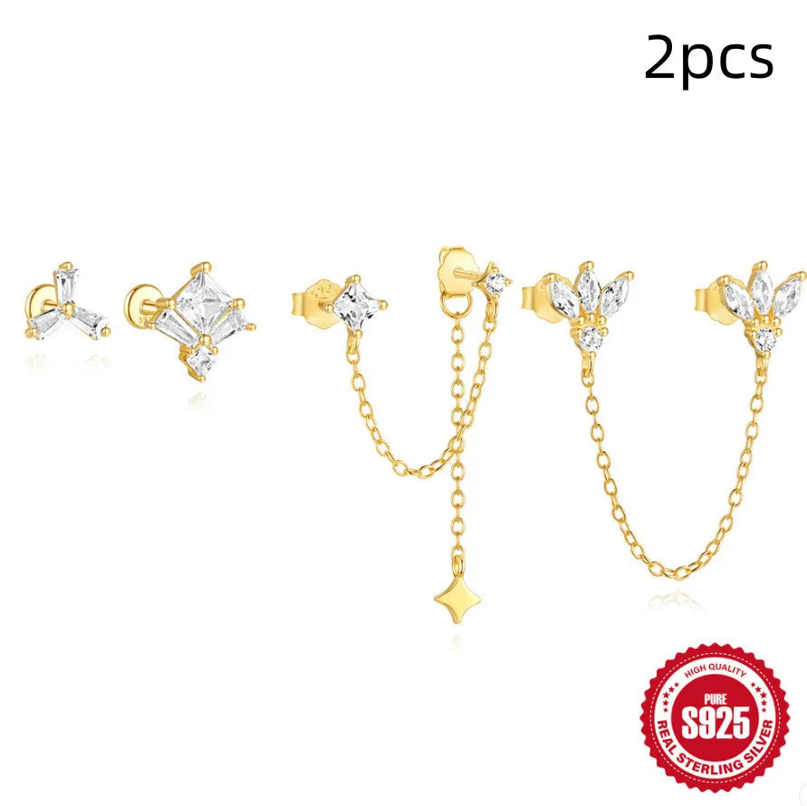 S925 sterling silver geometric chain stud earrings with zircon inlay in golden designs