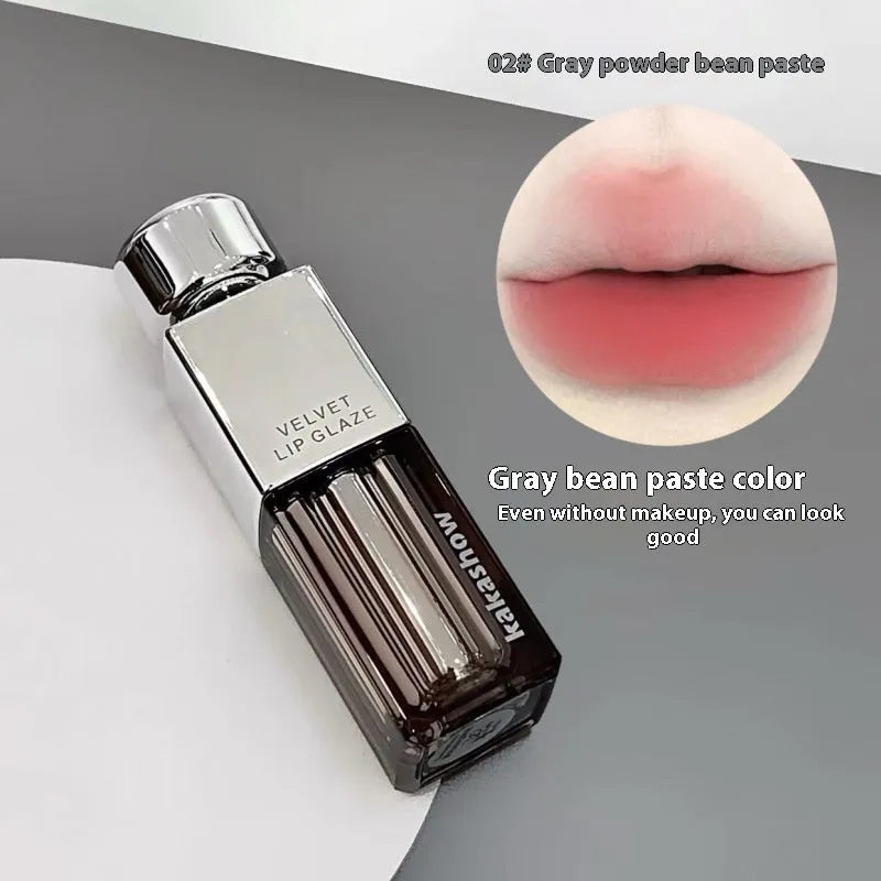 Kakashow lock colour velvet lip paint in matte finish showing six shade options including cream smoked apricot and cherry fromage