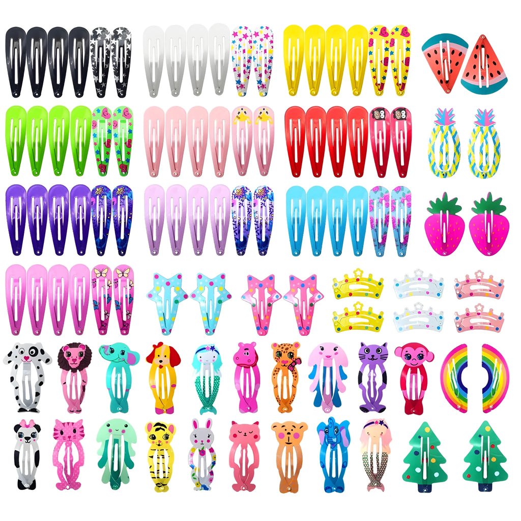 100 piece metal snap hair clips set showing candy colours with animal, fruit, crown and star cartoon designs