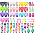 100 piece metal snap hair clips set showing candy colours with animal, fruit, crown and star cartoon designs