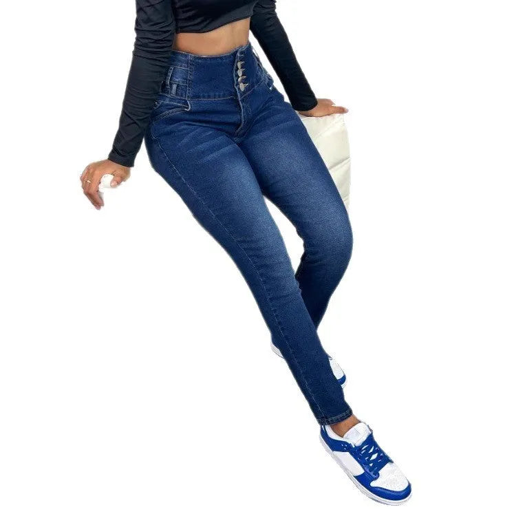 Women's dark blue denim straight-leg trousers with button front and zip closure street hipster style