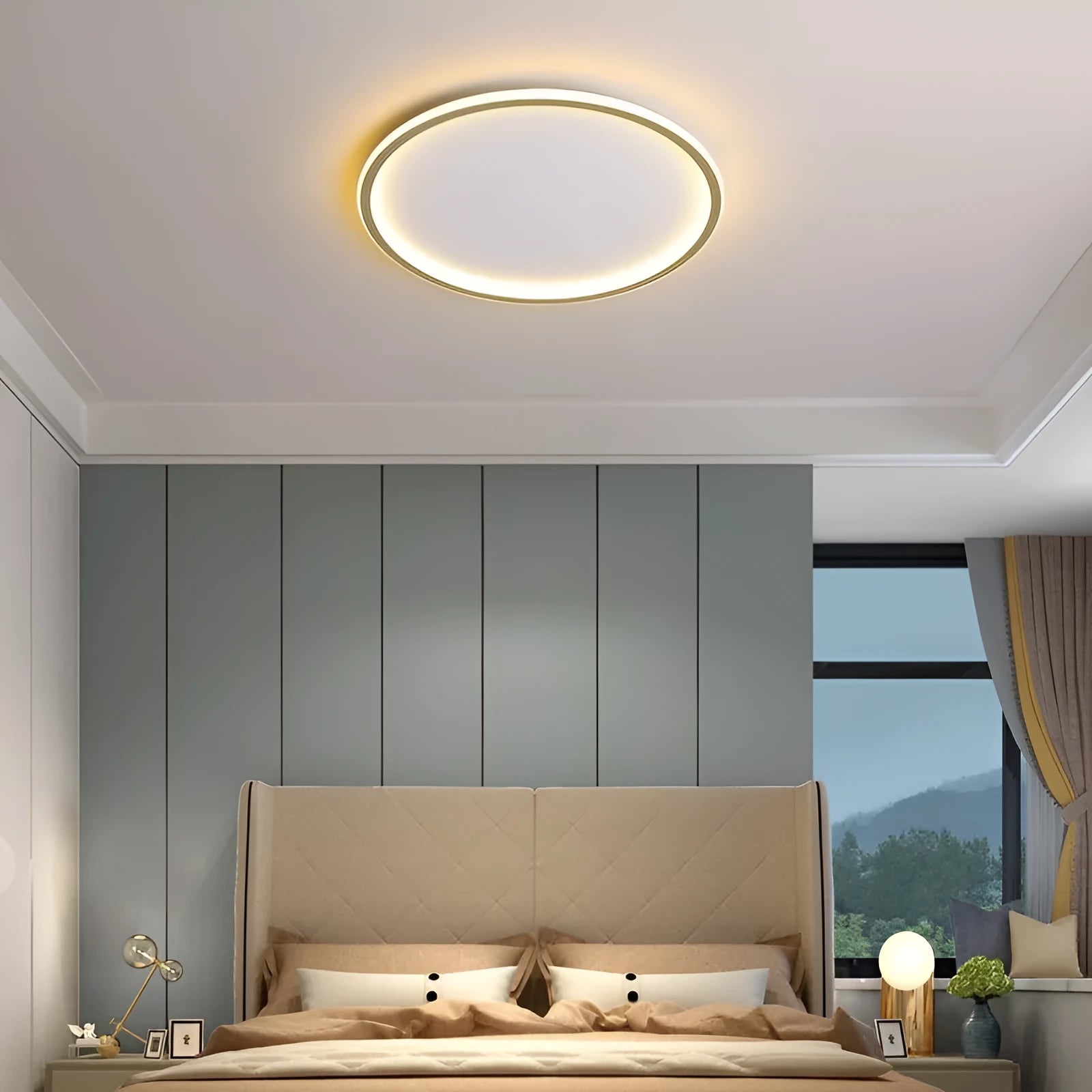 Minimalist modern ceiling lamp in black, white, or gold finish with adjustable lighting and dimming control