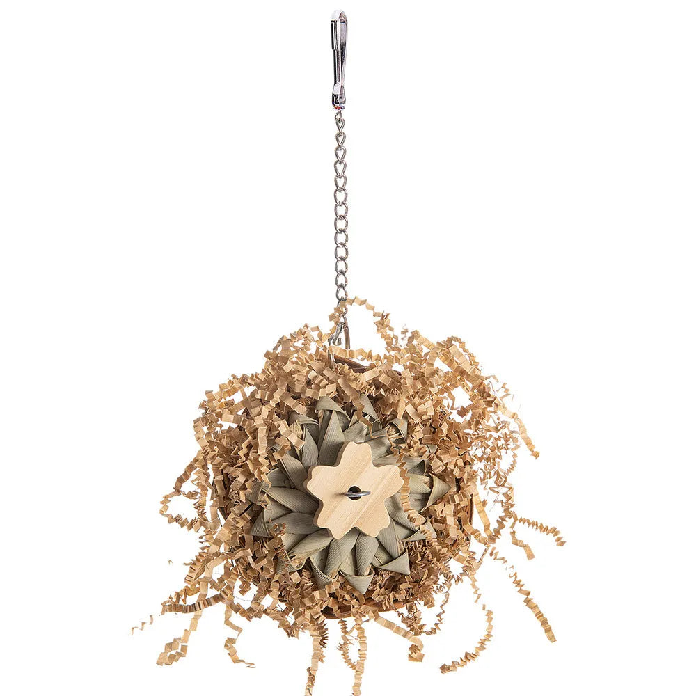 Three natural wood and rope parrot gnawing toys hanging as a bundle for large bird cage enrichment.