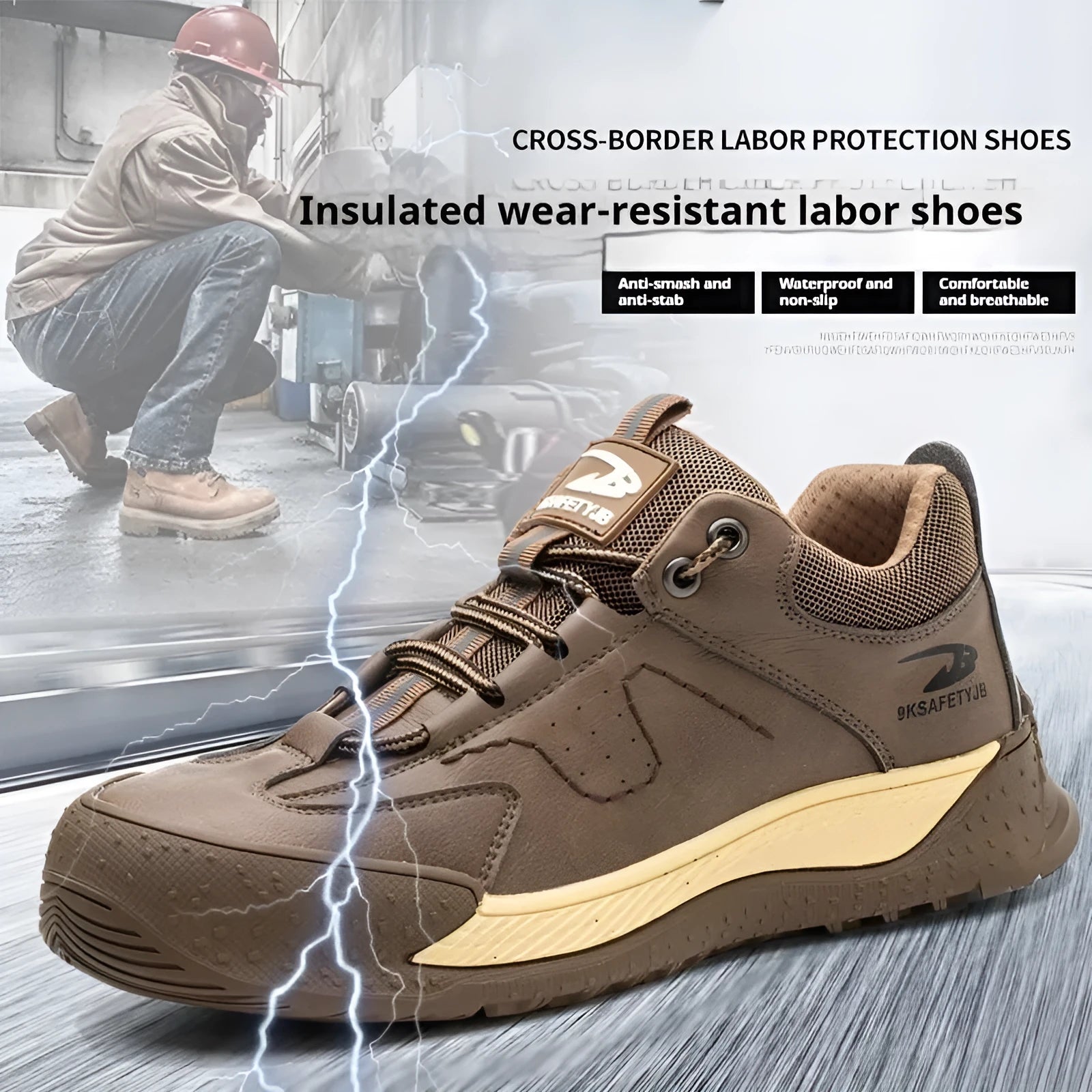 Men's Flyknit leather work safety shoes with a rubber sole in black, shown in a side profile.