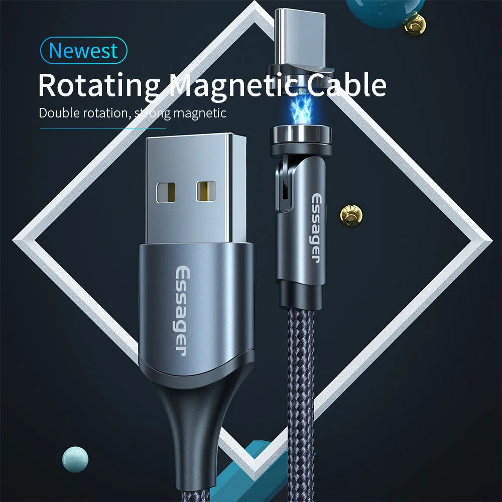 Essager rotating magnetic USB charging cable with LED light in black, shown with Android and Type-C magnetic tips.