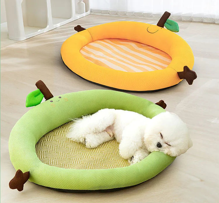 Fruit pattern pet cooling mat with backrest in green colour showing four size options