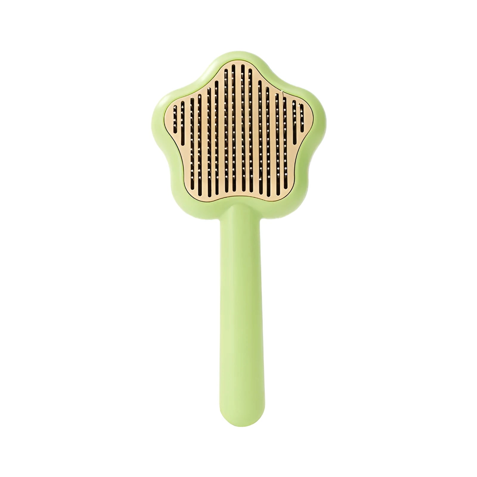 Green self-cleaning cat comb with stainless steel needle pins for pet grooming
