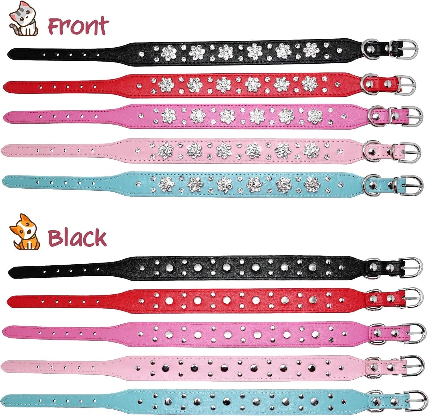 Close-up of a black PU leather dog collar with sparkling rhinestone flowers and a metal D-ring.