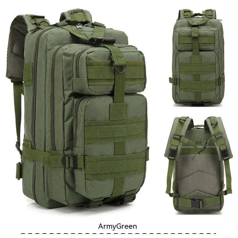 Large khaki hiking backpack with air pillow belt system for off-road mountaineering and outdoor sports