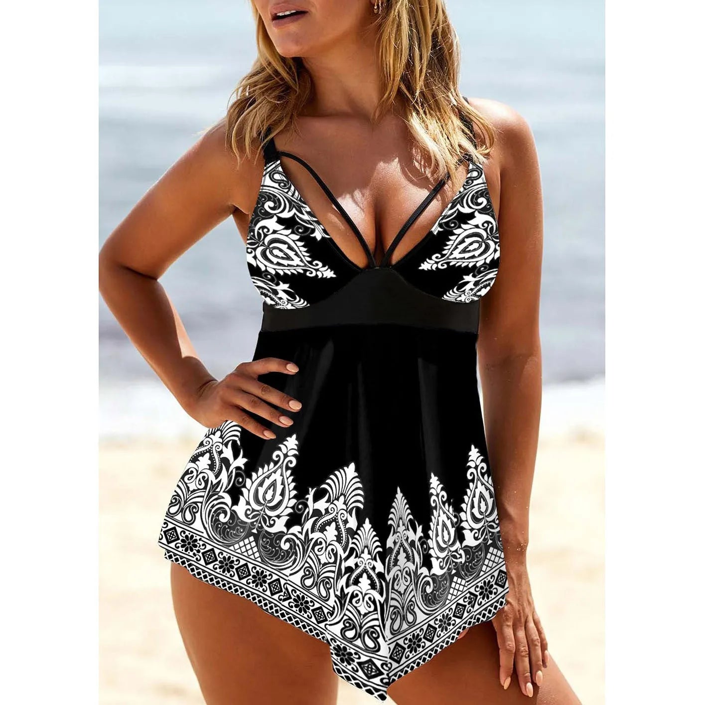 Women's plus size skirt swimsuit with deep V neckline and printed straps in blue colour