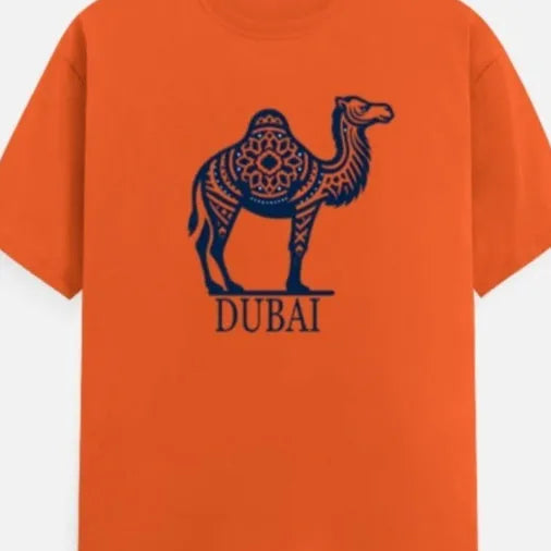 Orange cotton straight cut t-shirt with round neck and short sleeves