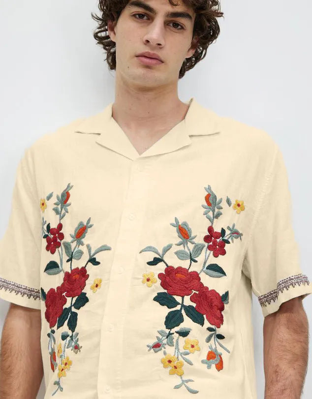 Men's apricot summer shirt with vintage floral print and loose fit