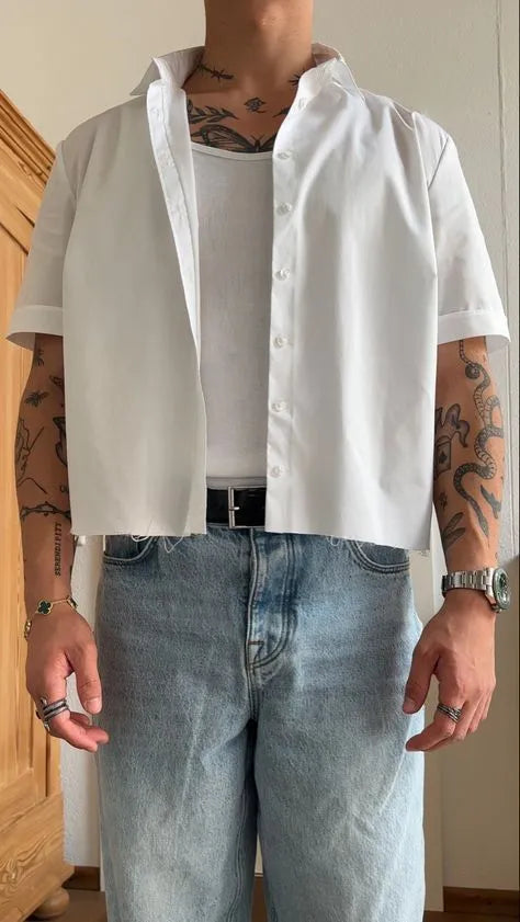 Men's white short sleeve polyester shirt with cropped length and regular fit plain design