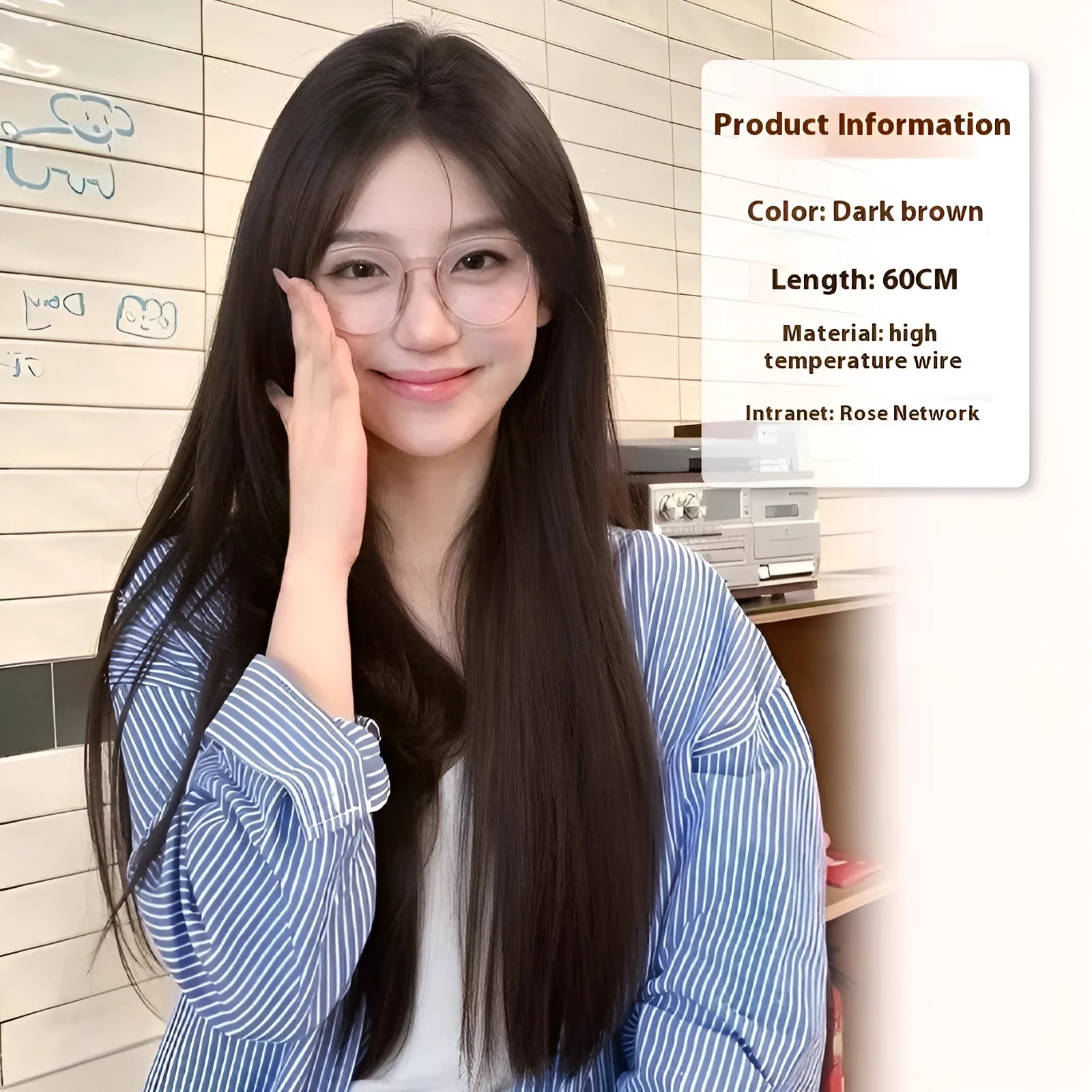 Full-head lace front wig with mid-length straight black hair displayed with styling accessories