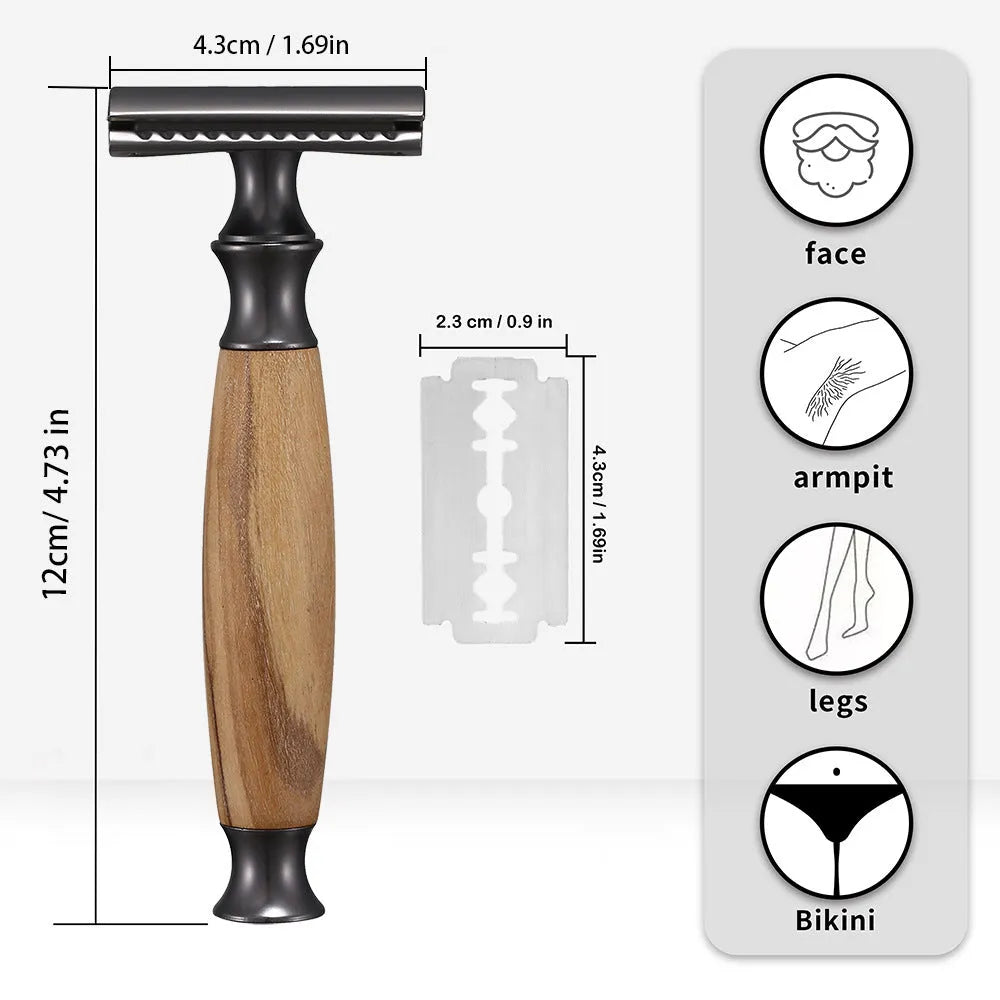 Men's copper manual shaving razor with olive wood handle and aluminium alloy blade holder