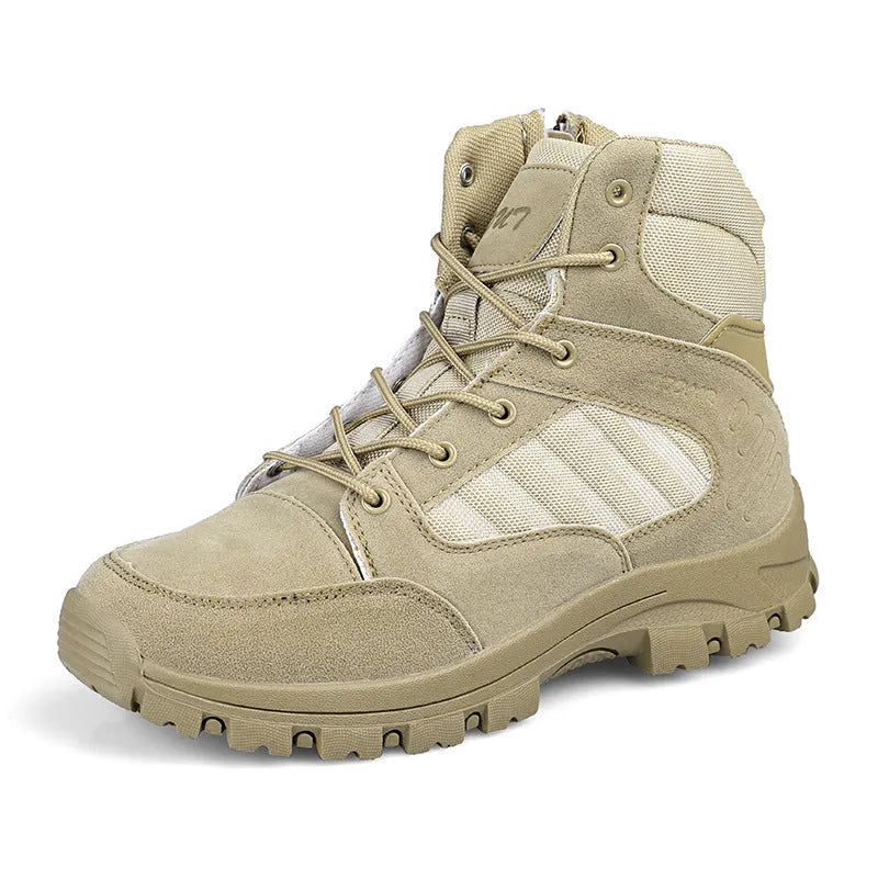 Men's black high-top hiking shoes with artificial PU upper and metal detail.