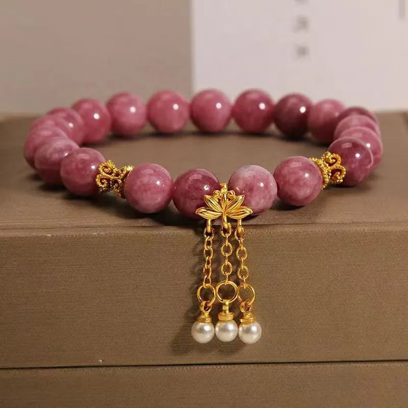 Pink lotus flower tassel bracelet with pearl pendant and natural stone beads