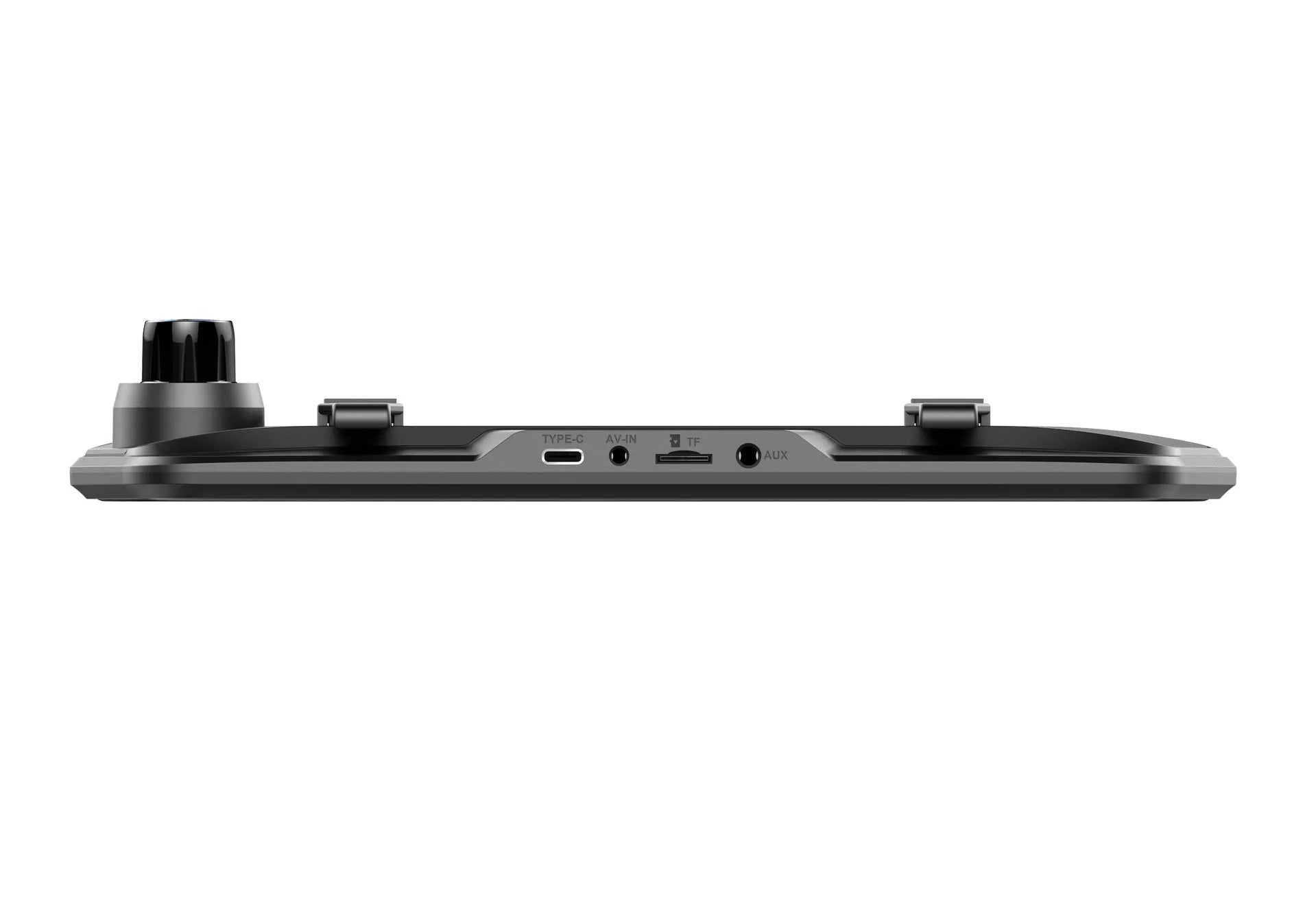 Black dual-lens driving recorder with large touch screen mounted on a car windscreen.