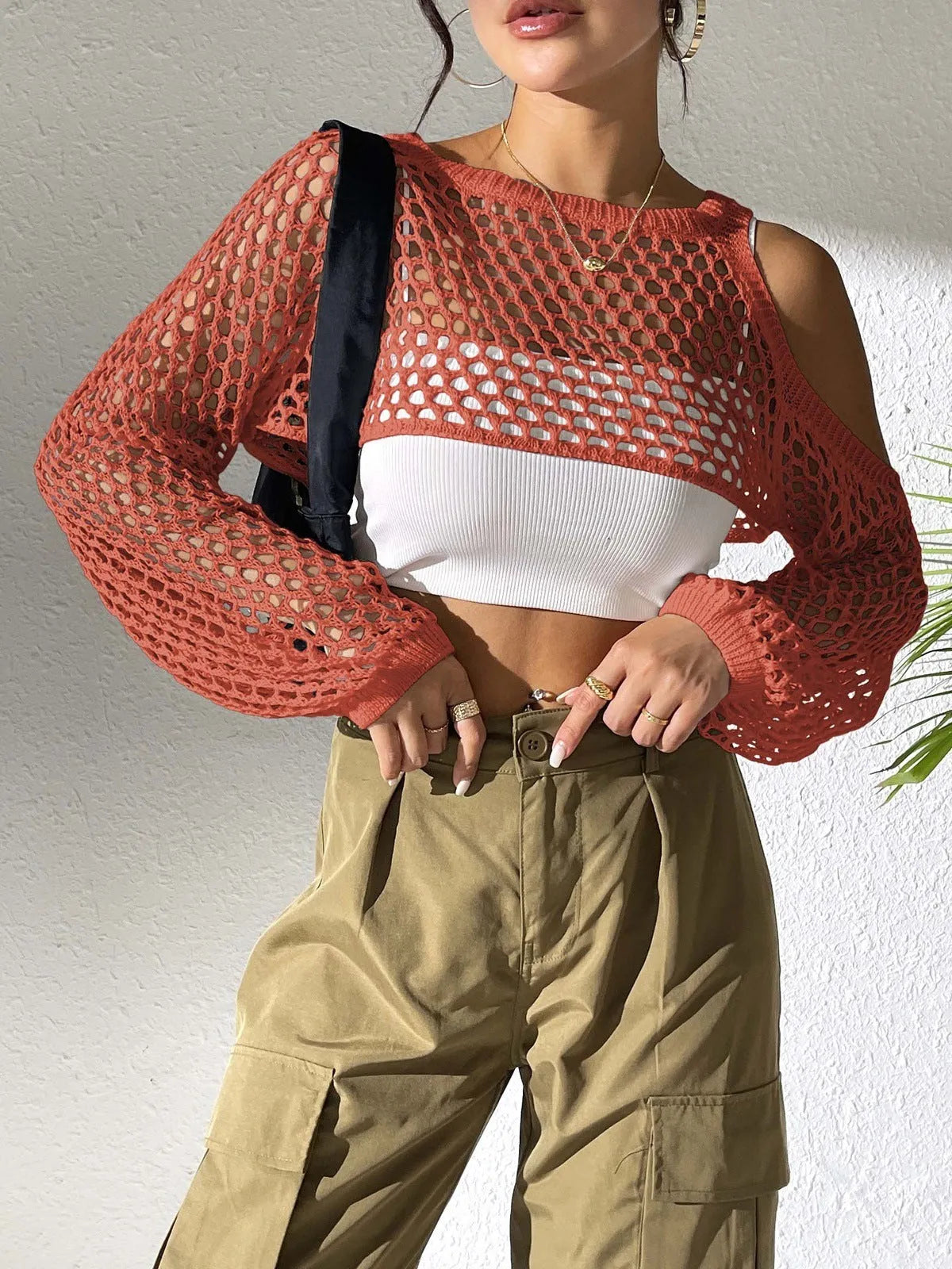 Sexy hollowed navel design mesh beach shirt shown in multiple colours including white, black, and army green.