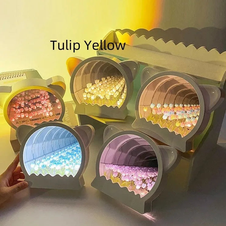 DIY craft kit for a cat head shaped night lamp decorated with handmade tulip flowers.