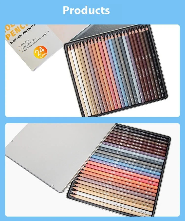 24-colour skin tone pencil set in iron tin with brush pot for portrait drawing