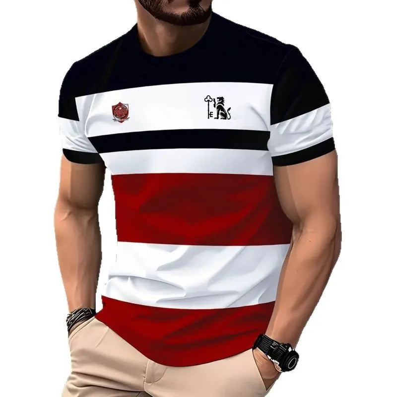 Men's short-sleeved striped t-shirt with digital 3D printing in loose business casual fit