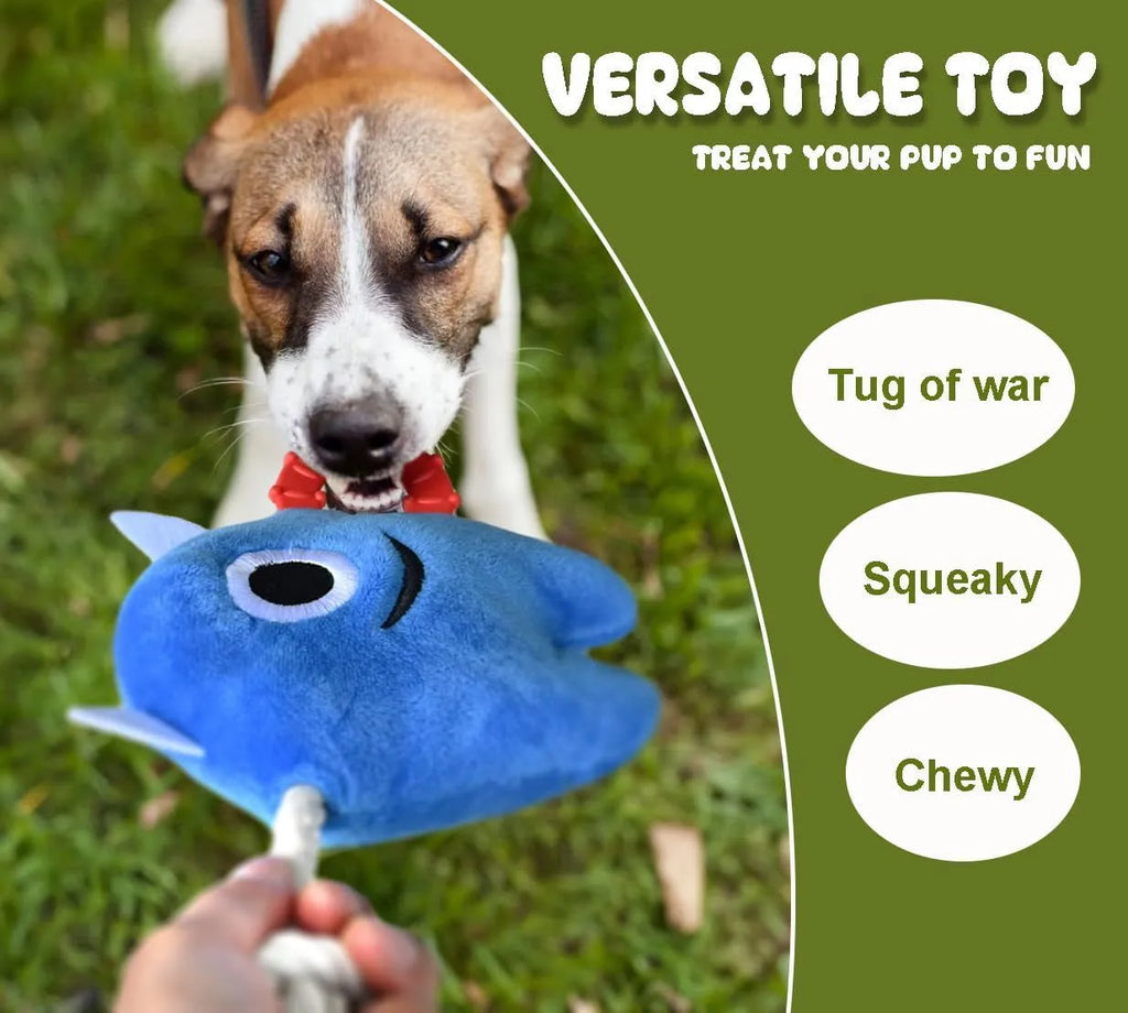 Blue monster dog toy with plush body and woven rope sections for chewing and tugging