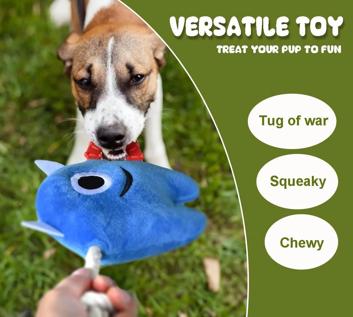 Blue monster dog toy with plush body and woven rope sections for chewing and tugging