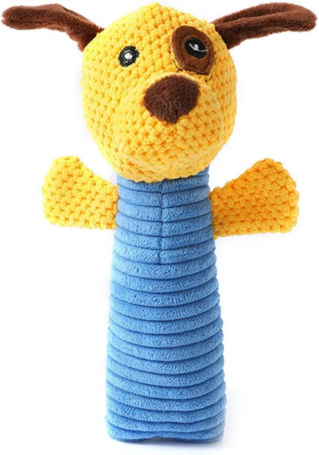 Squeaky plush dog chew toy in animal shape for dental cleaning, 19cm long