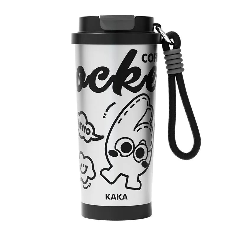 Insulated vacuum cup with creative design showing colour options including green, black, pink purple, and blue and red variations