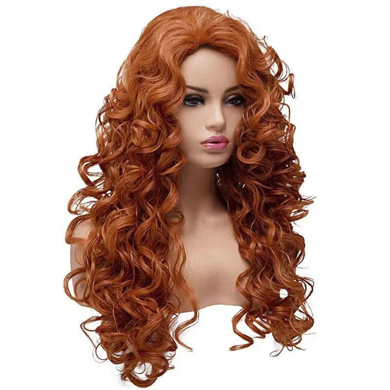 Brown long wavy curly synthetic wig with instant noodles fluffy texture for cosplay