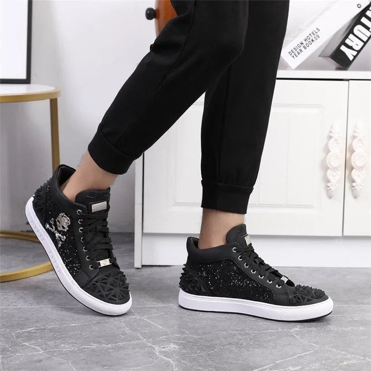 Men's black high top skeleton shoes made from genuine leather with sheepskin lining
