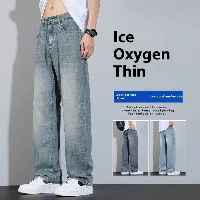 Straight-leg trousers in thin ice silk denim with wide-leg casual styling and zip fly