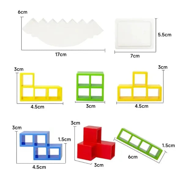 Plastic balance stacking game with 16 colourful building blocks, chassis, and base on a 26.5cm board.