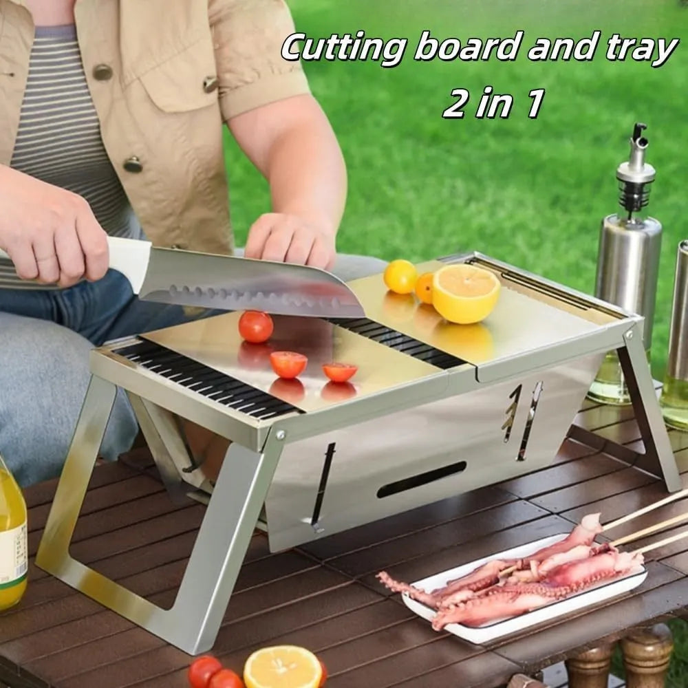 Small foldable portable charcoal grill shown in an outdoor setting