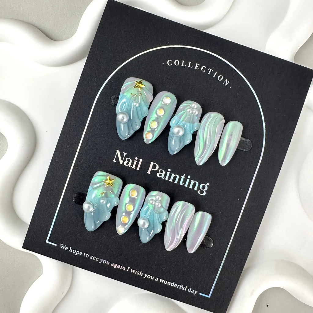 HAILANG blue plastic wearable shell nail tips in sizes XS, S, M, L on a white background.