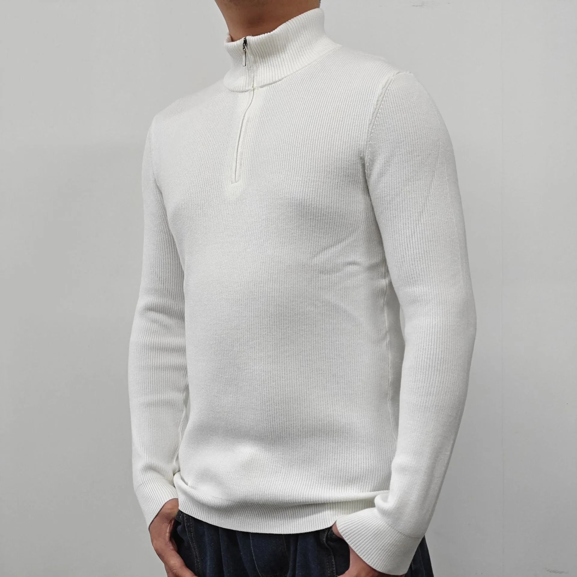 Men's half-turtleneck zip-front sweater in a cotton blend fabric, shown in multiple colours.